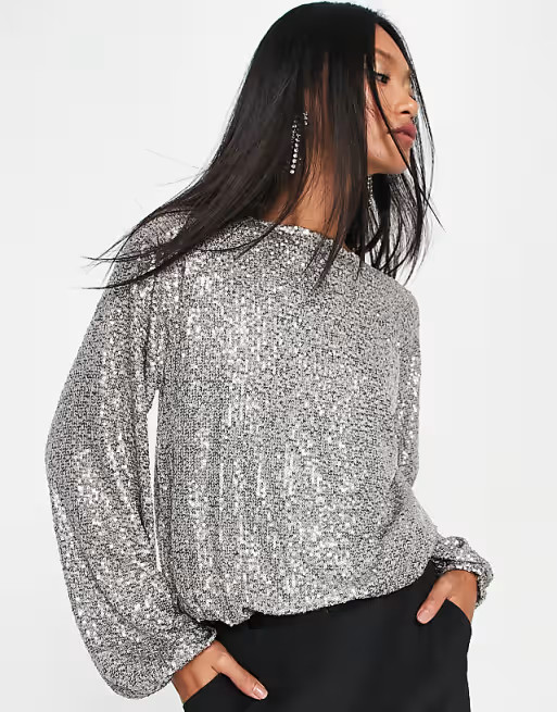 River Island sequin bodysuit in silver | ASOS (Global)