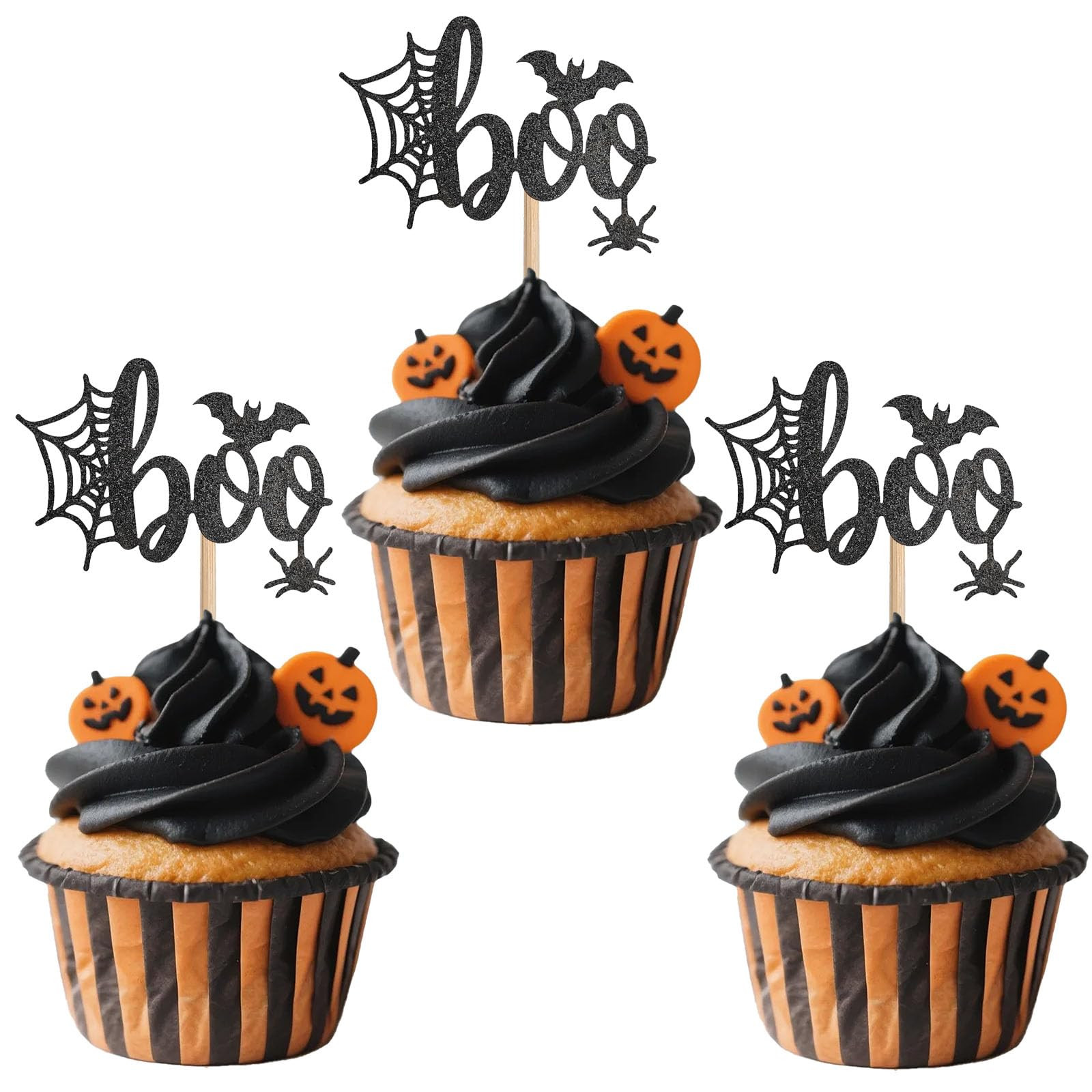 GYGYL 24 PCS Halloween Cupcake Toppers, Glitter Boo Spider Web Bat Cupcake Picks for Halloween Th... | Amazon (US)