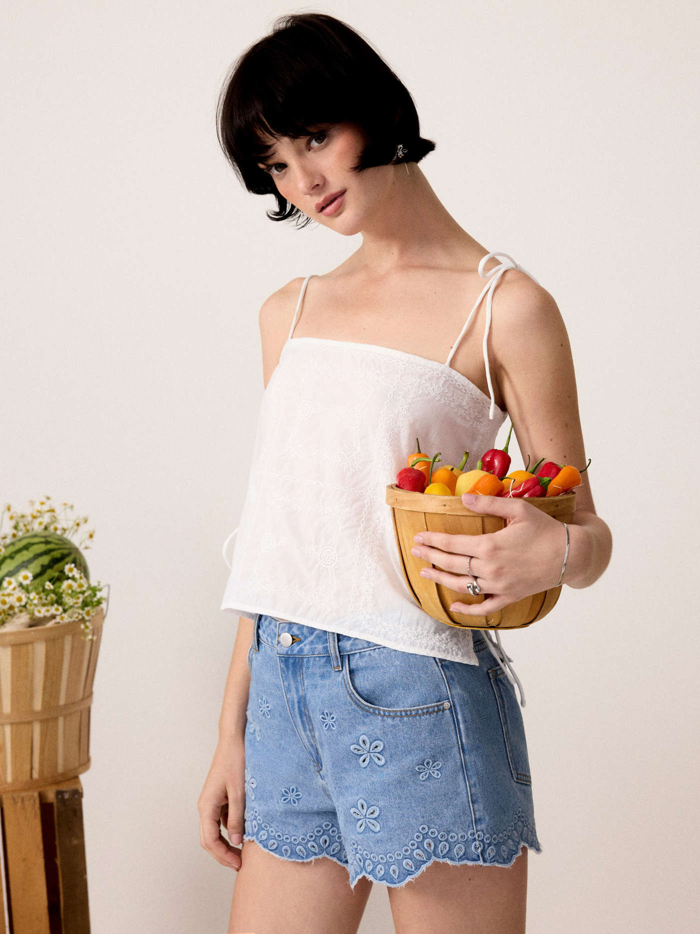 Cotton-blend Textured Embroidery Knotted Oversized Crop Blouse | Cider