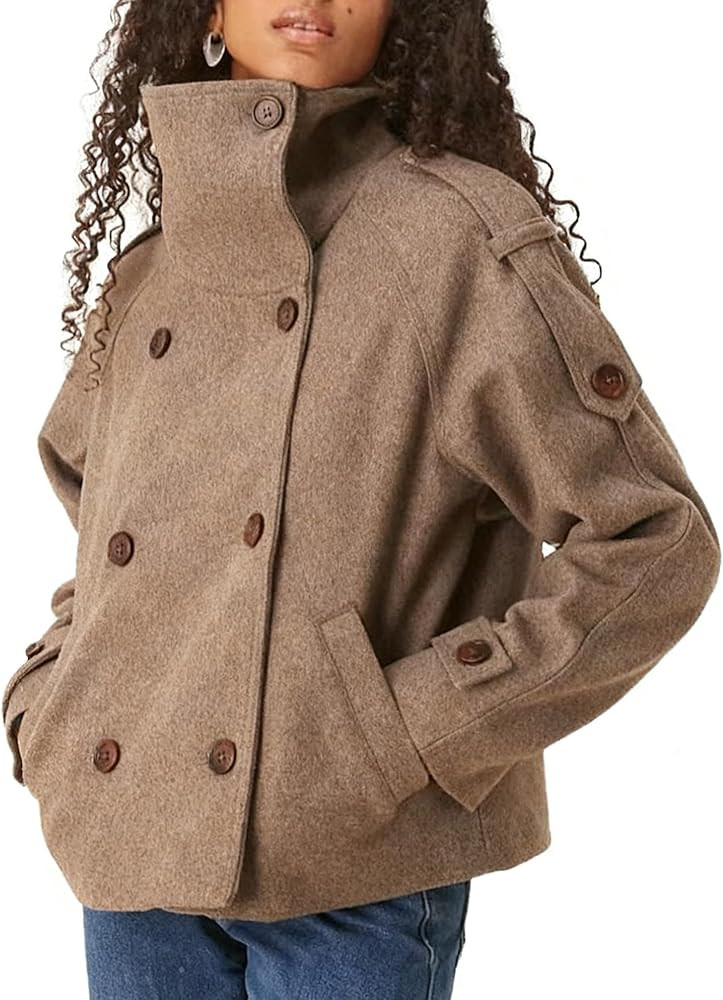 Women Cropped Pea Coat Wool Blend Double Breasted Stand Collar Winter Trench Coats Casual Fall Ou... | Amazon (US)