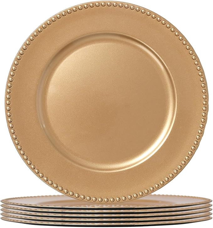 Argon Tableware Gold Charger Plates - 33cm - Dinner Set for 6 - Bead Design - Round Reusable Mela... | Amazon (UK)