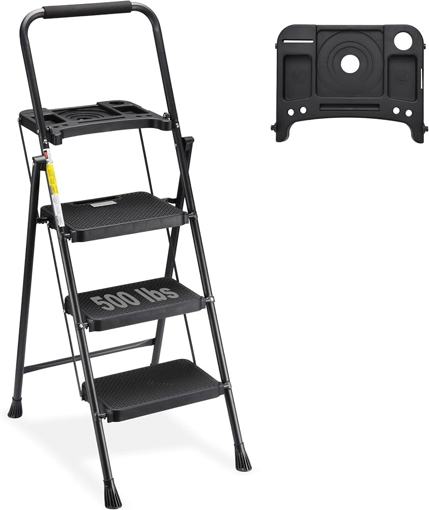 HBTower 3 Step Ladder with Tool Tray, Folding Step Stool with Wide Non-Slip Pedal and Comfort Han... | Amazon (US)