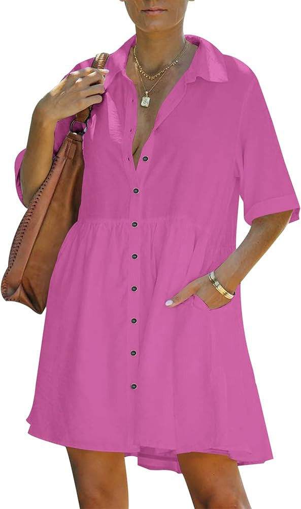 PYGFEMR Women's Short Sleeve Babydoll Dress Button Down Dresses with Pockets | Amazon (US)