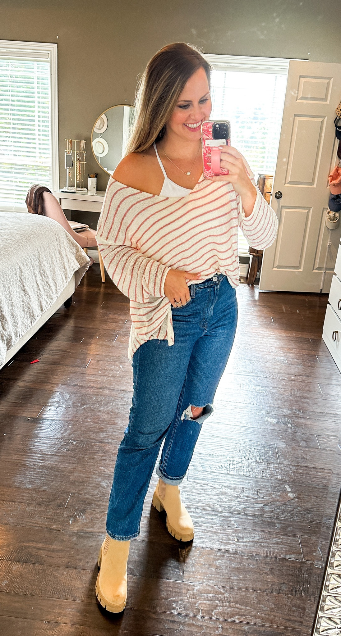 Fall outfit 

Love these Abercrombie jeans! I got the size 28 in the ultra high rise ankle straight (curve love- which adds 2 inches though hips/thighs) and love the style & fit!! Striped lightweight sweater is from pink lily (use code Dorothy20 for 20% anything) Ribbed tank is from amazon and fall booties are amazon find too! 

Mom style, casual outfit , Chelsea lug boots, fall tops, sports bra, free people dupe, pink lily tryon haul, Kendra Scott necklace, dainty jewelry, Dorothy pro #fallfashion #falloutfitidea #jeans

#LTKshoecrush #LTKfindsunder50 #LTKSeasonal