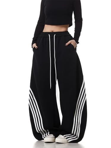 EMMIOL Women’s Y2K Baggy Barrel Striped Sweatpants, High Waisted Wide Leg Pants, Joggers with Drawstring Waist and Cuffs Black | Amazon (US)