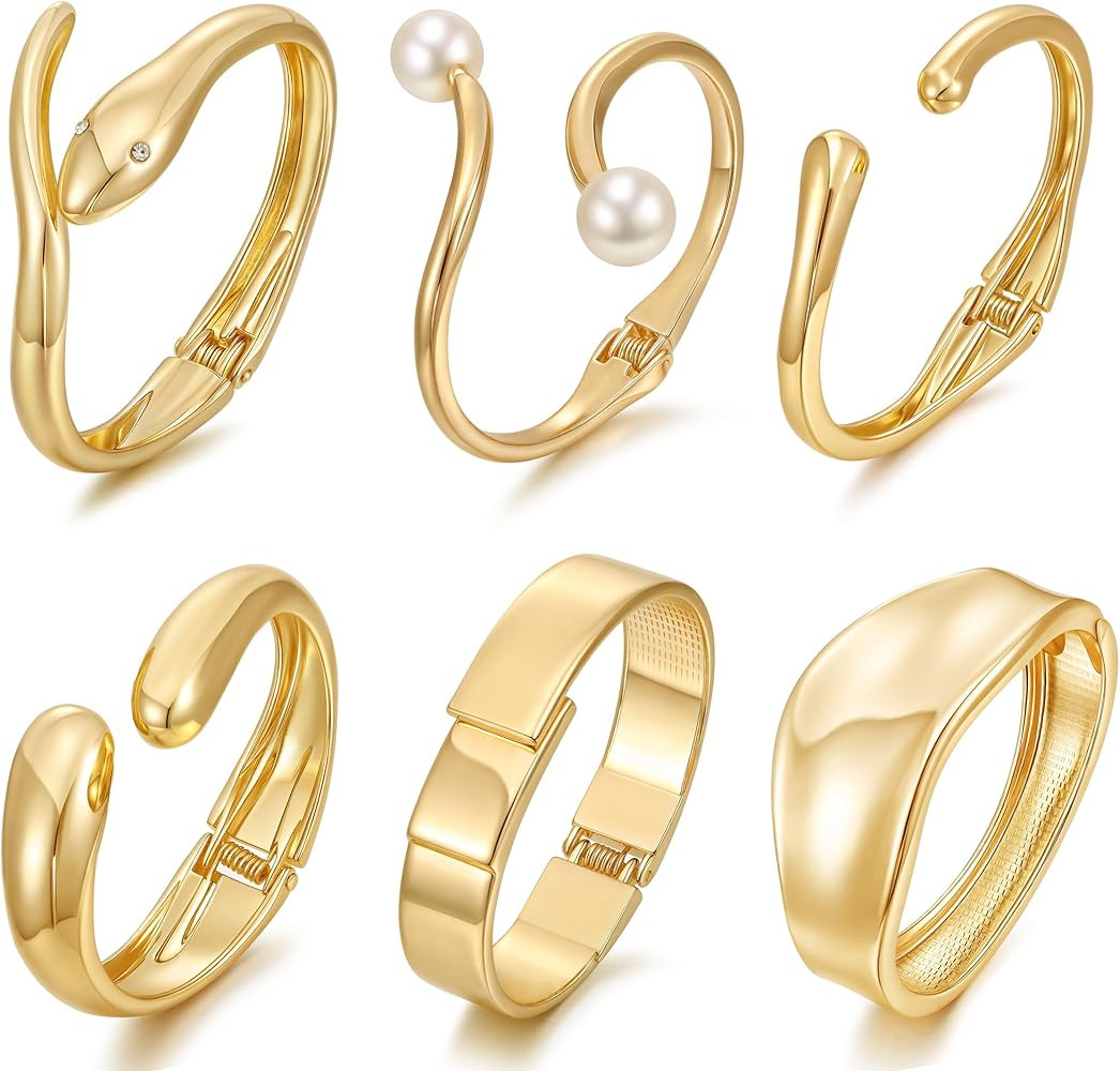 BOMAIL 6pcs Chunky Gold Bangle Bracelet for Women 14k Gold Plated Wide Hinged Cuff Open Bracelet ... | Amazon (US)