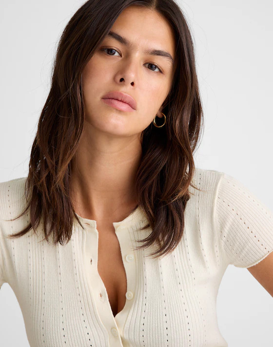 Cotton-Blend Pointelle Short-Sleeve Cardigan | Madewell
