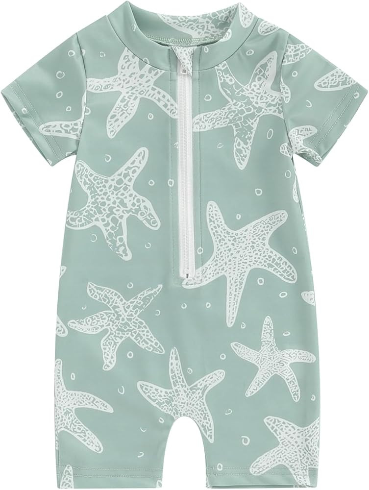 Toddler Baby Boy Bathing Suits Starfish Short Sleeve Swimsuit One Piece Swim Zip Up Infant Boy Sw... | Amazon (US)