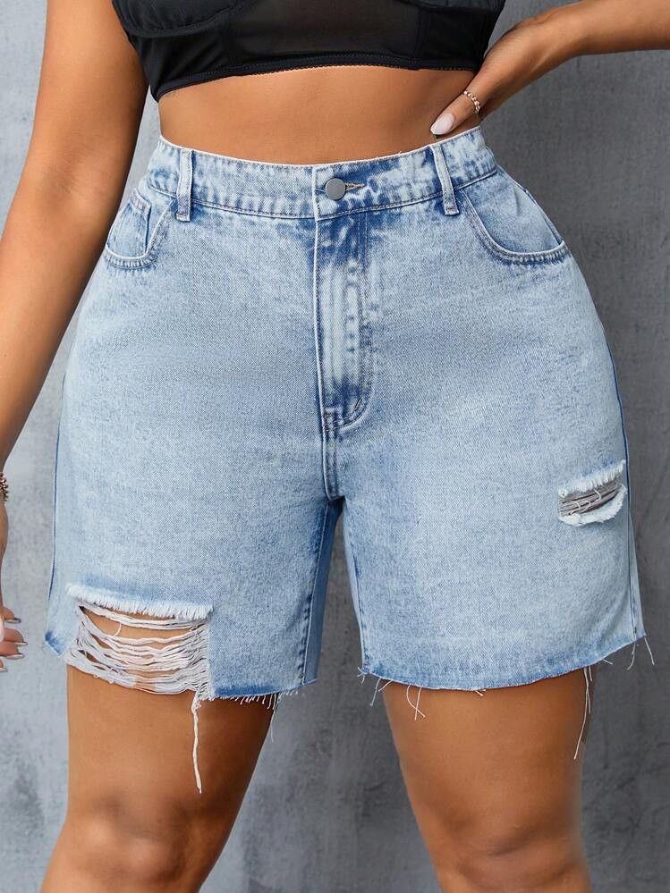 SHEIN EZwear High Waist Ripped Raw Hem Denim Shorts | SHEIN
