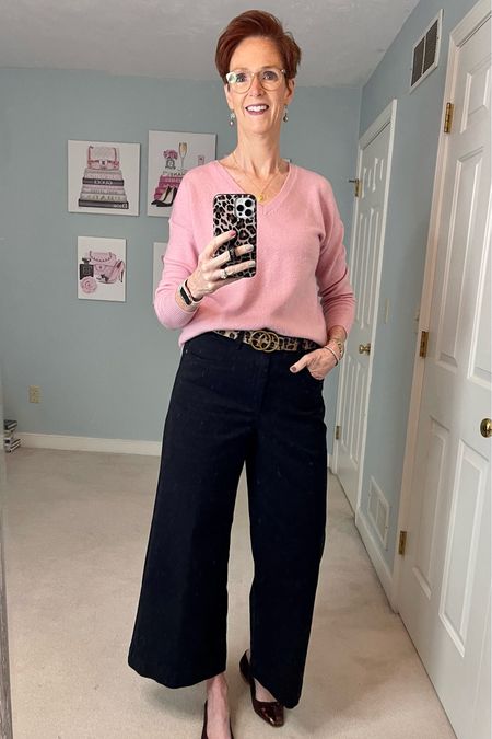 Soft and cozy pink sweater with black wide leg pants.

Thanksgiving outfit, over 50 classic outfit, tall friendly outfit, black wide pants outfit, fall outfit

#LTKstyletip