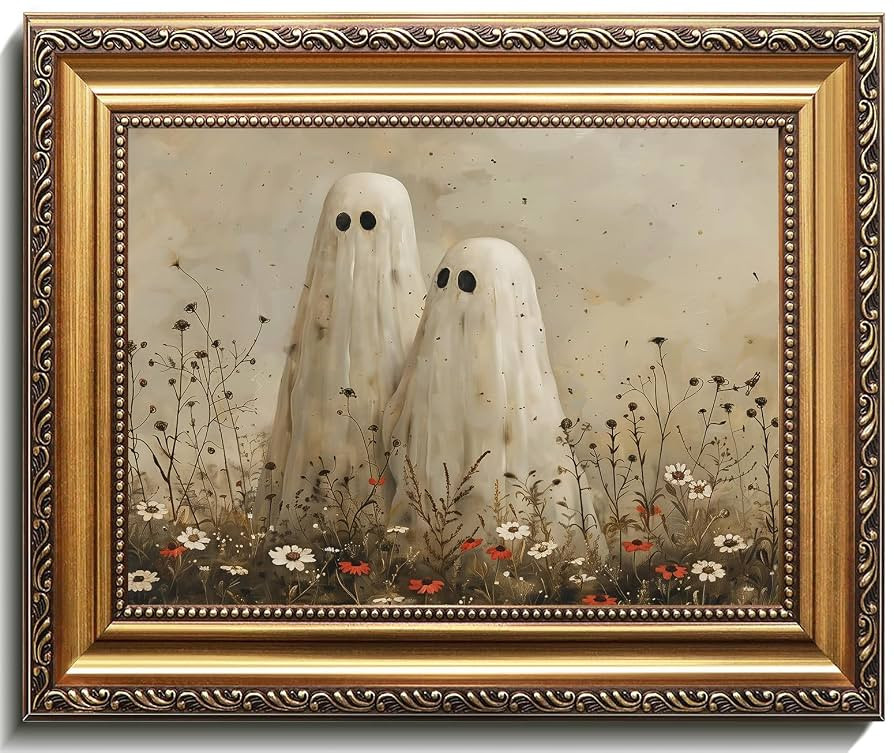 uniro Vintage Gold Framed Wall Art, Vintage Cute Ghosts in Wildflower Meadow Canvas Painting, Spo... | Amazon (US)