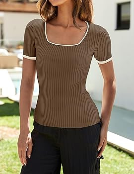 ZESICA Women's Short Sleeve Square Neck Color Block T Shirt 2025 Summer Slim Fit Ribbed Knit Basi... | Amazon (US)