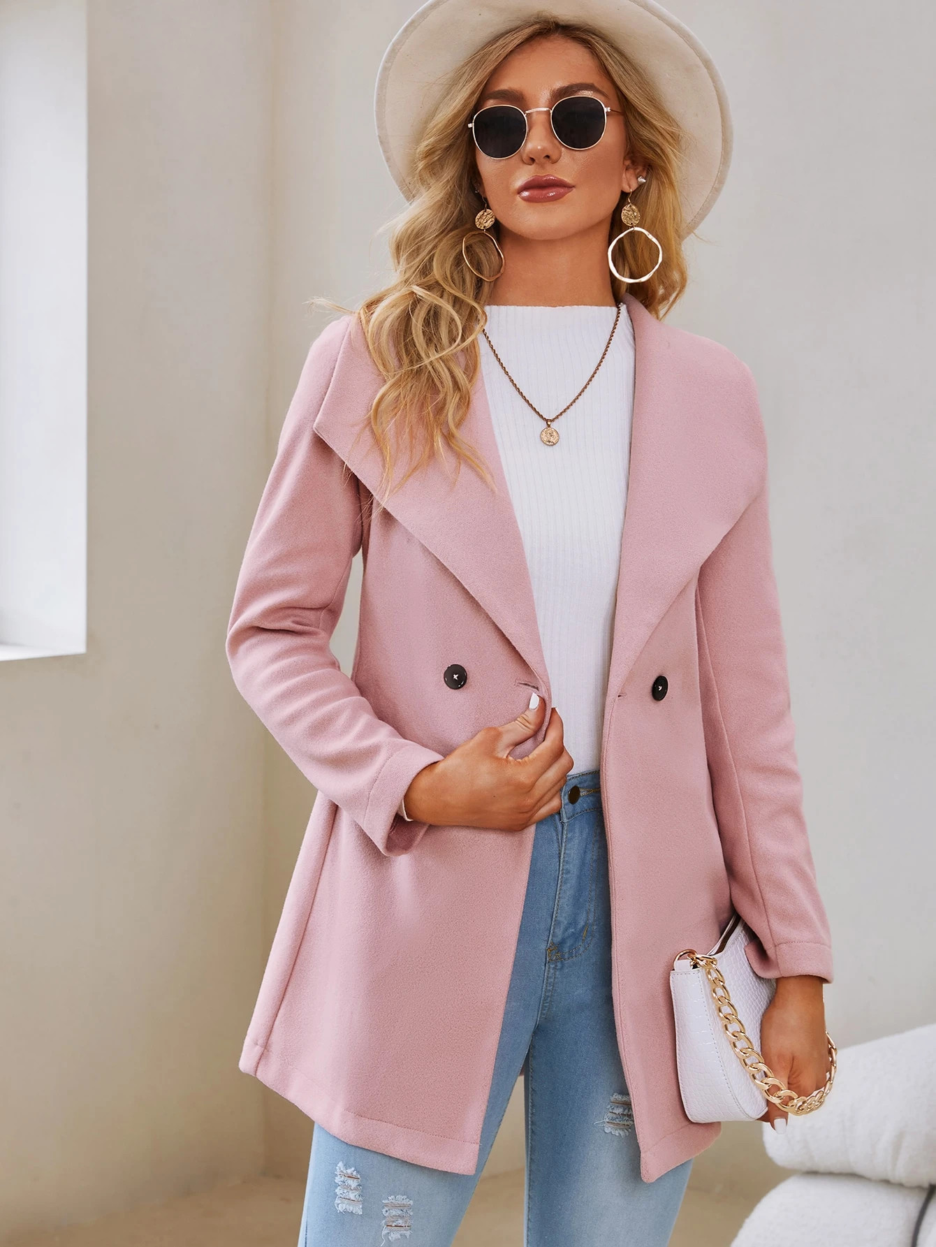 SHEIN Waterfall Collar Belted Overcoat | SHEIN