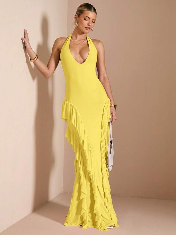 SHEIN BAE Elegant Women Layered Ruffle Hem Extra Long Dress, Suitable For Daily Dates, Outings, Nightclubs, Parties And Gatherings, Autumn | SHEIN