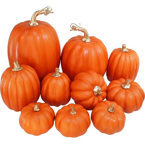 Winlyn 10 Pcs Assorted Orange Artificial Pumpkins Fall Harvest Pumpkins Decorative Foam Pumpkins for Home Autumn Wedding Thanksgiving Table Centerpiece Halloween Decoration DIY Craft Party Prop | Amazon (US)