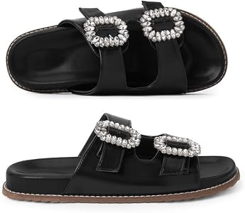Slide Sandals for Women Rhinestone Flat Platform Sandals Soft Footbed Comfortable Walking Girls L... | Amazon (US)