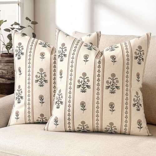 Striped Floral Throw Pillow Covers 18x18 Inch Set of 2 Brown | Decorative Farmhouse Boho Botanica... | Amazon (US)