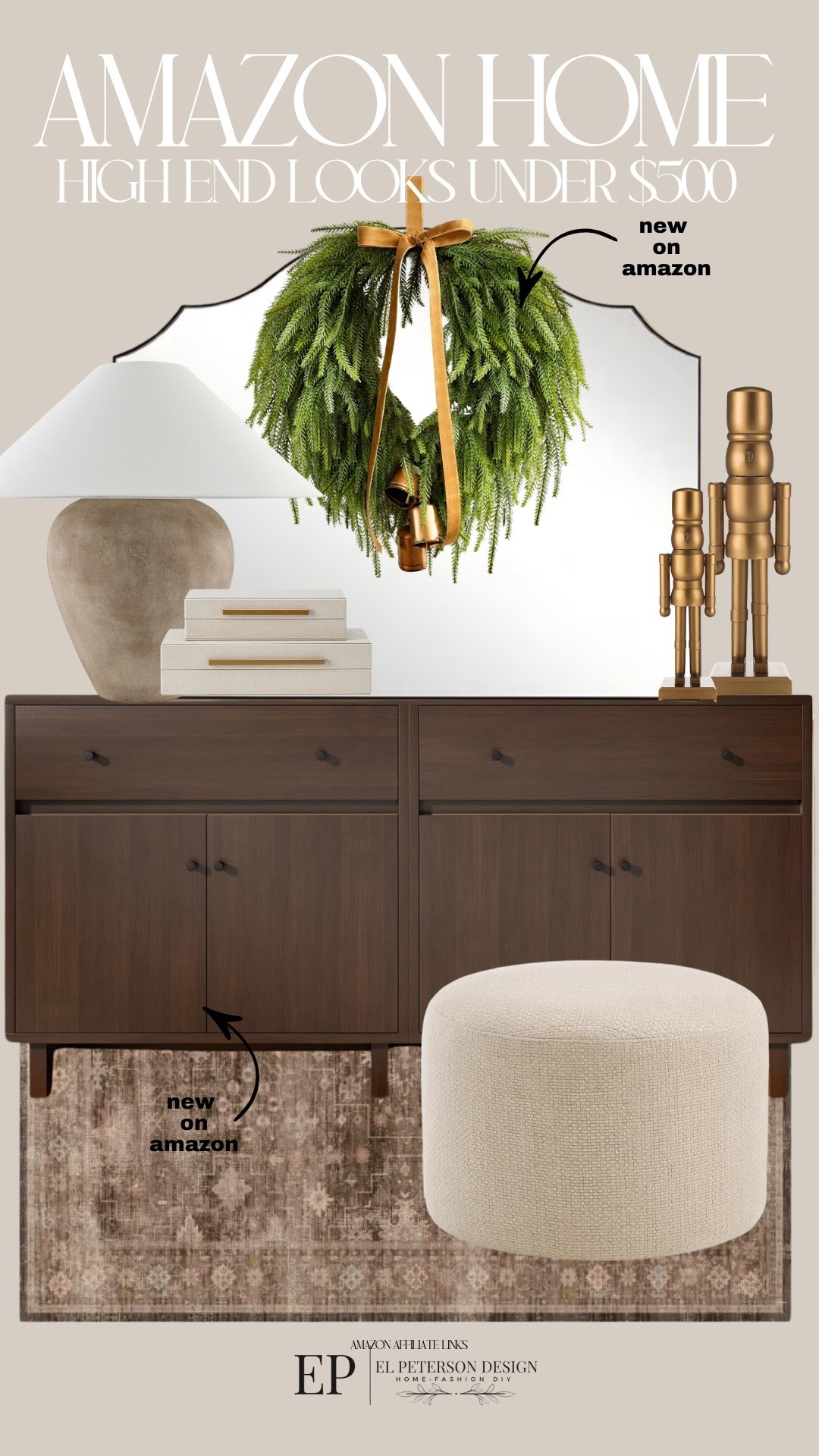 Amazon
Accent cabinet
Ottoman
Rug
Table lamp
Wreath
Nutcracker
Decorative boxes
Mirror

#LTKHome