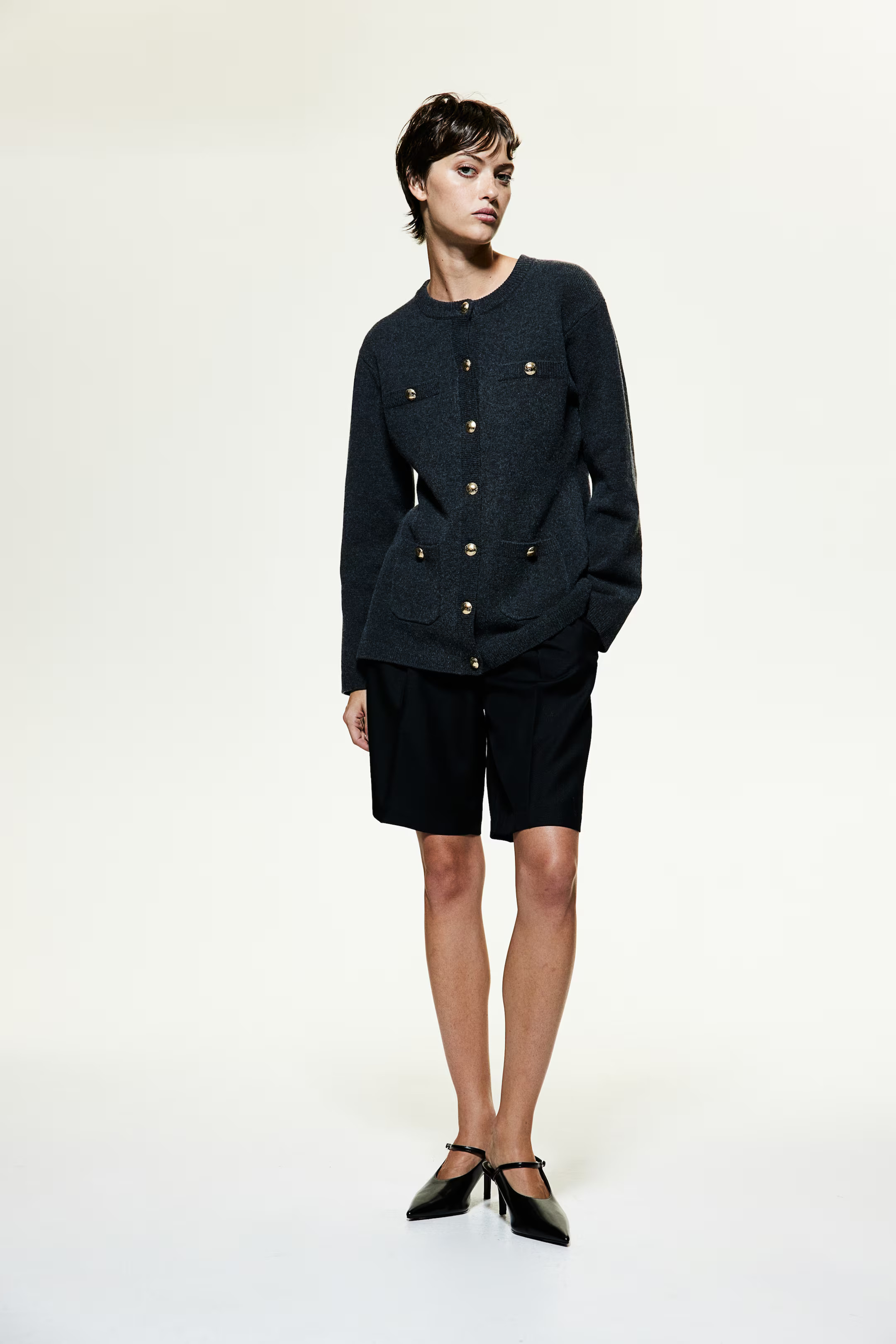 Button-detail cardigan - Round neck - Long sleeve - Dark beige - Ladies | H&M GB | H&M (UK, MY, IN, SG, PH, TW, HK)