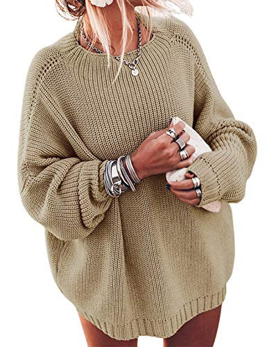 Ugerlov Women's Oversized Sweaters Batwing Sleeve Mock Neck Jumper Tops Chunky Knit Pullover Sweater (Khaki, S/M) | Amazon (US)