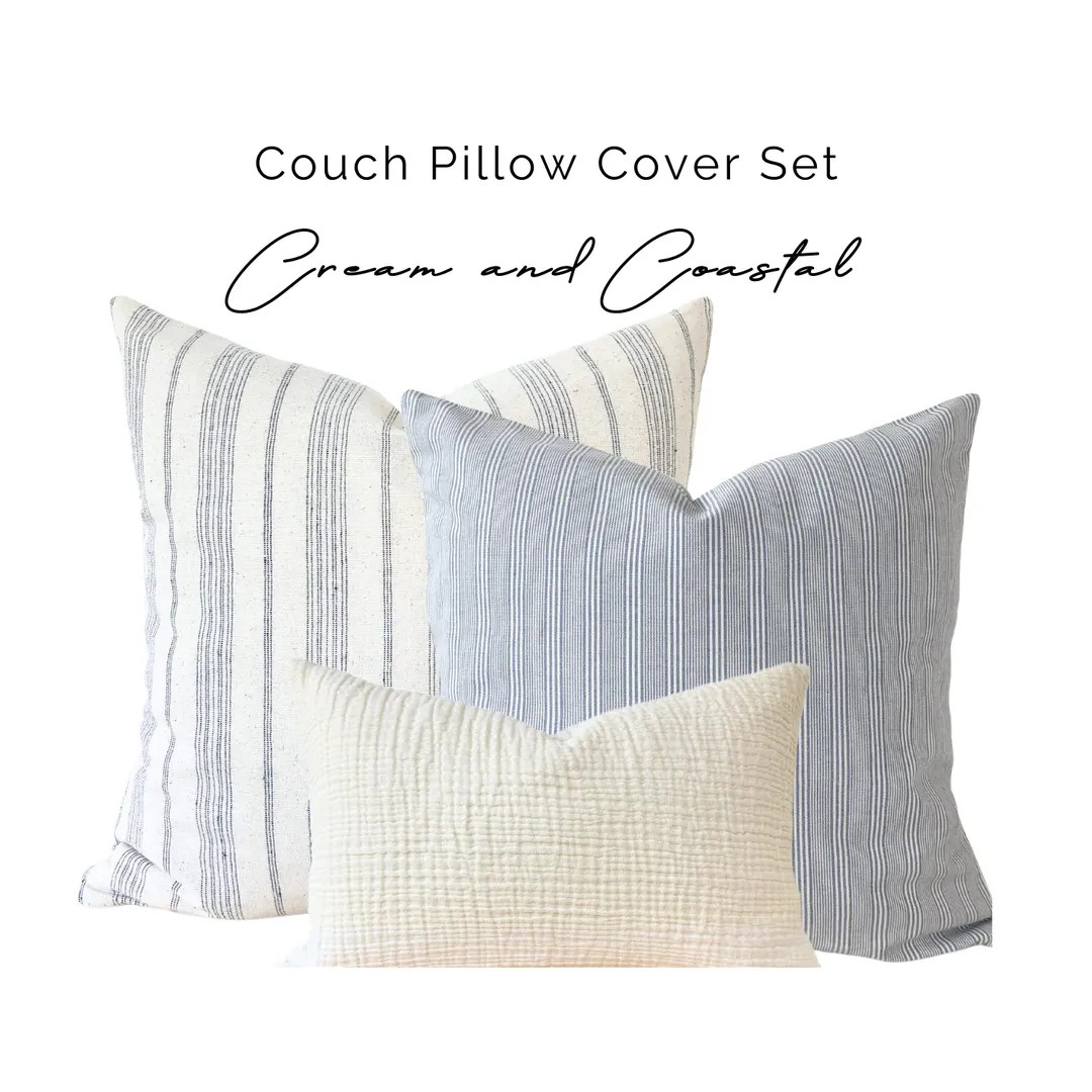 Coastal Blue Striped Linen Pillow Cover Set, Light Blue Throw Pillow Set, Blue Cream Striped Pill... | Etsy (US)
