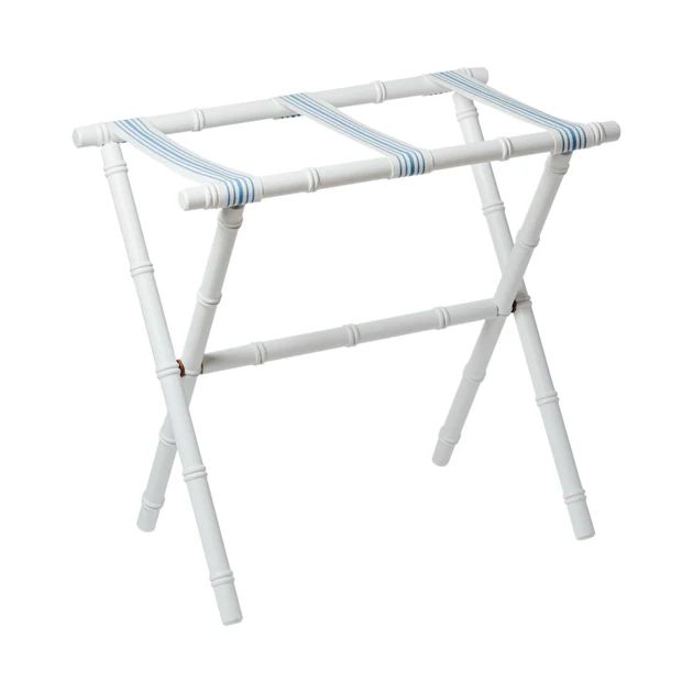 Resort Bamboo Luggage Rack - White with Light Blue Stripe Straps | Cailini Coastal