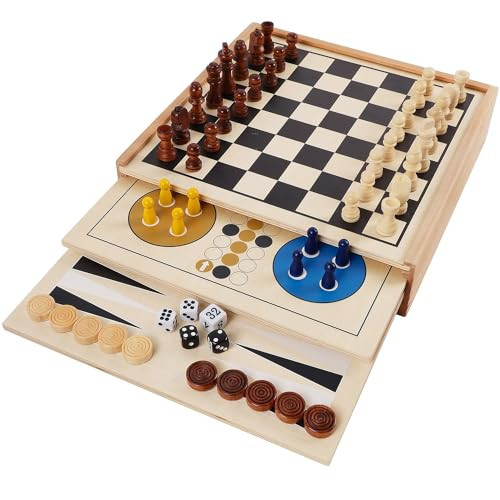 Juegoal 7-in-1 Wooden Board Game Set for Kids Adults, Tabletop Combo Classic Travel Portable Board Games (Chess, Checkers, Chinese Checkers, Backgammon, Parcheesi, Snakes and Ladders, Tic Tac Toe) | Amazon (US)
