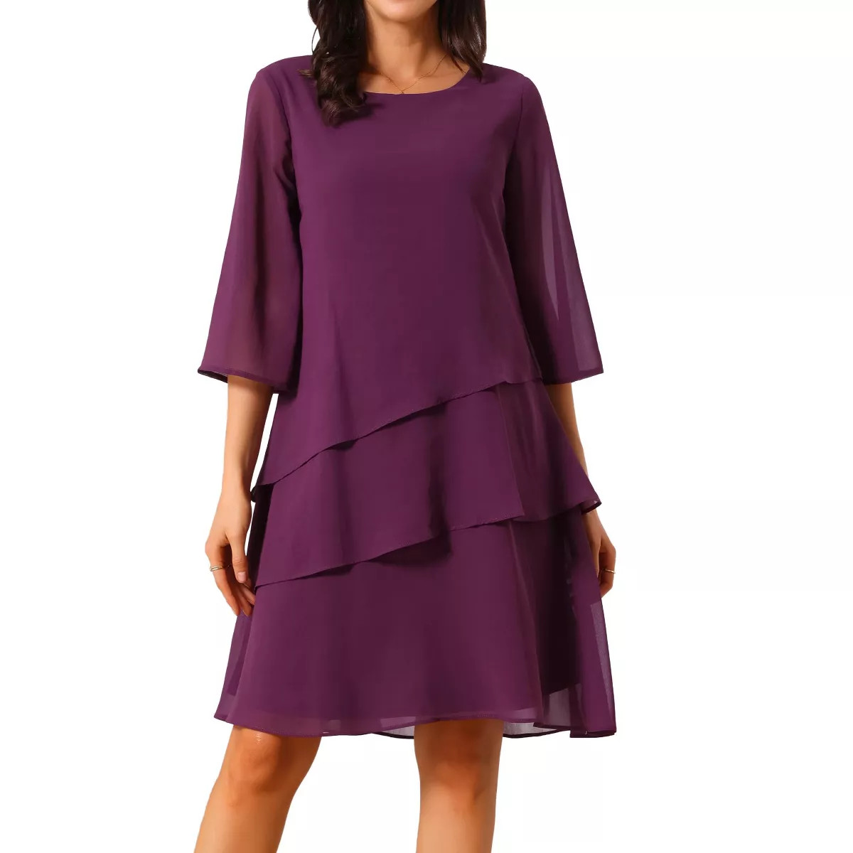 INSPIRE CHIC Women's Round Neck Semi Sheer 3/4 Bell Sleeve Asymmetrical Layered Tiered Midi Dress | Target