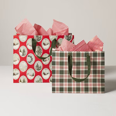 Set of 2 Christmas Green Plaid and Icon Gift Bag Set with Tissue Paper - Hearth & Hand™ with Magnolia | Target