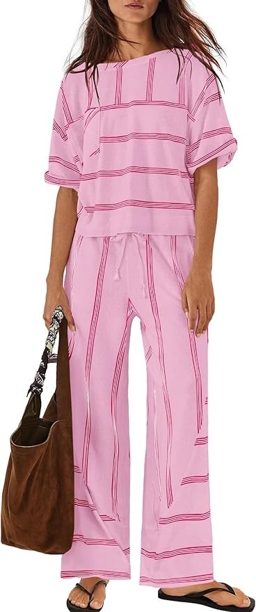 Panadila Womens Striped Lounge Set 2 Piece Summer Travel Vacation Sets Short Sleeve Tops and Wide... | Amazon (US)