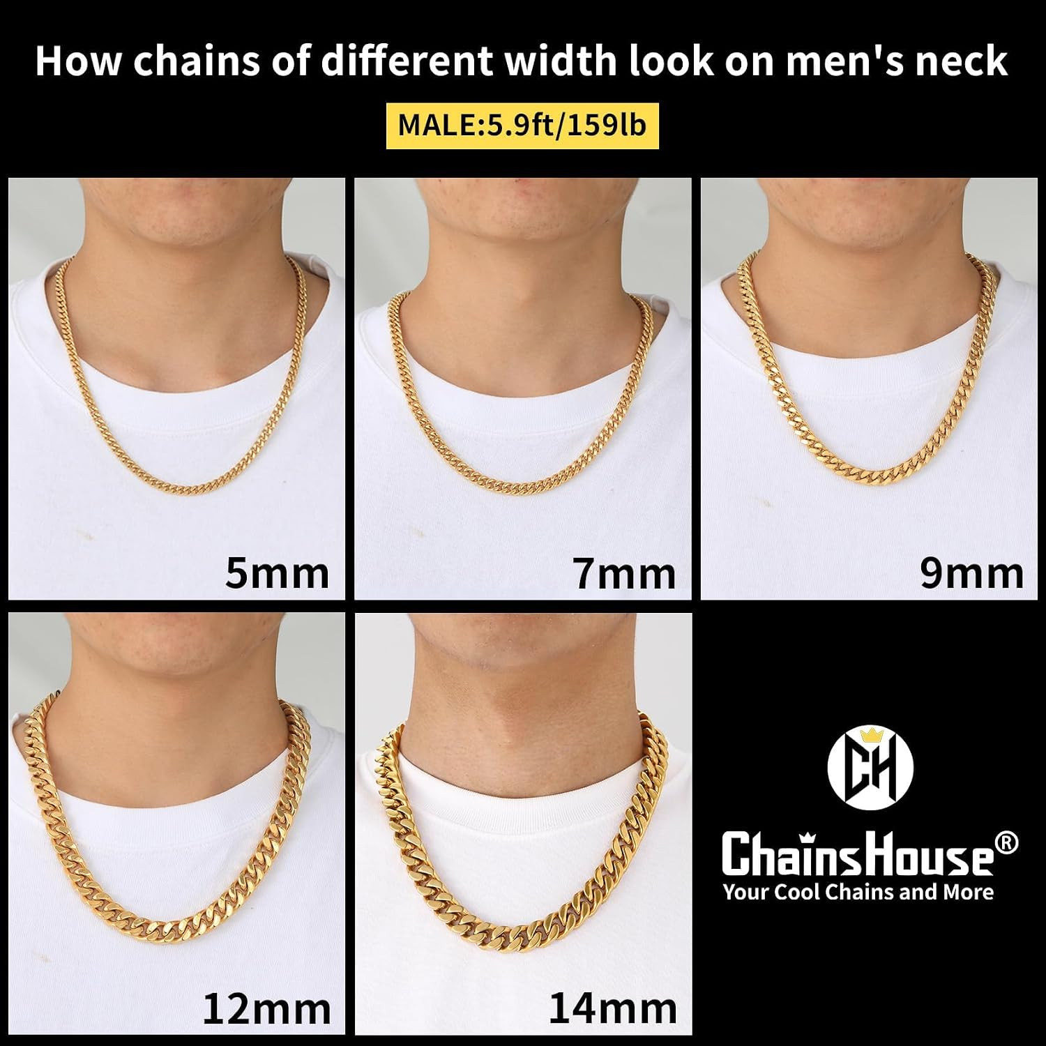ChainsHouse Cuban Link Chain for Men, Stainless Steel Waterproof Necklace | Amazon (US)
