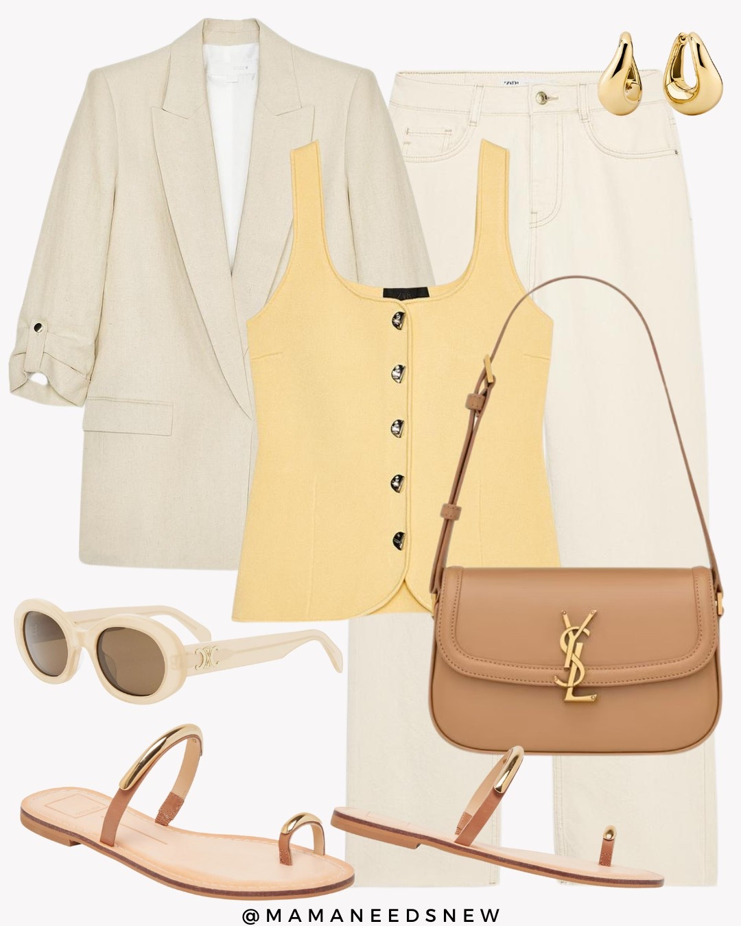 A spring / summer outfit with a rolled sleeve blazer, yellow knit vest top, jeans, toe ring sandals, shoulder bag 💛

#LTKStyleTip #LTKItBag #LTKSaleAlert