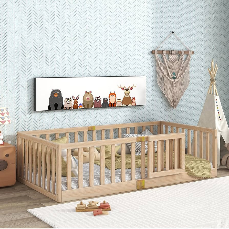 Tatub Twin Floor Bed with Safety Guardrails and Door, Montessori Floor Bed for Kids, Wood Kids Fl... | Amazon (US)