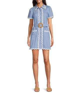SAIL to SABLE x Style Charade Woven Point Collar Short Sleeve Scallop Frame Button Front A-Line S... | Dillard's
