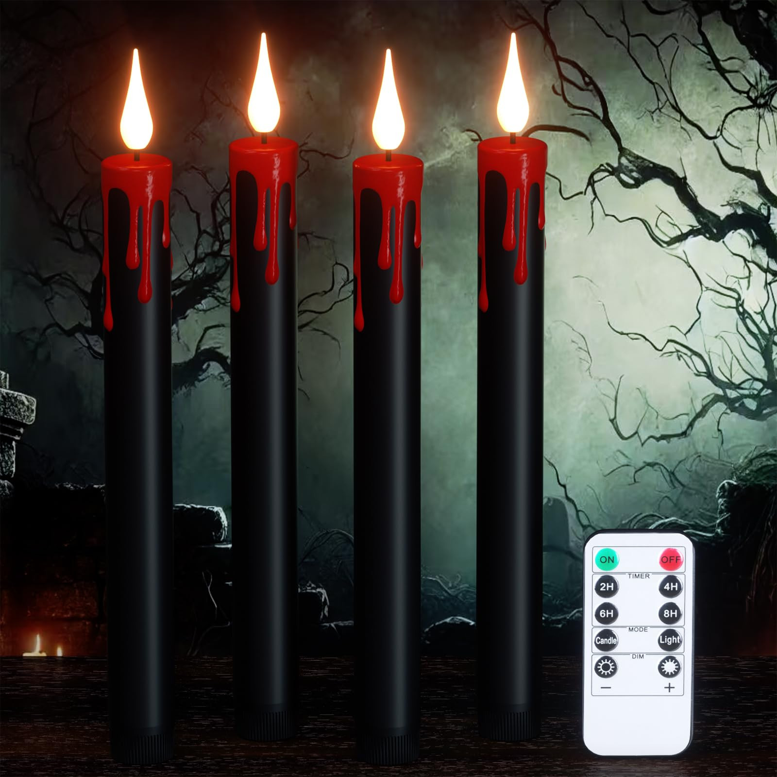 Halloween Flameless Taper Candles with Remote Timer, 4 Pack LED Flickering Candlestick, 9.65 Inch... | Amazon (US)
