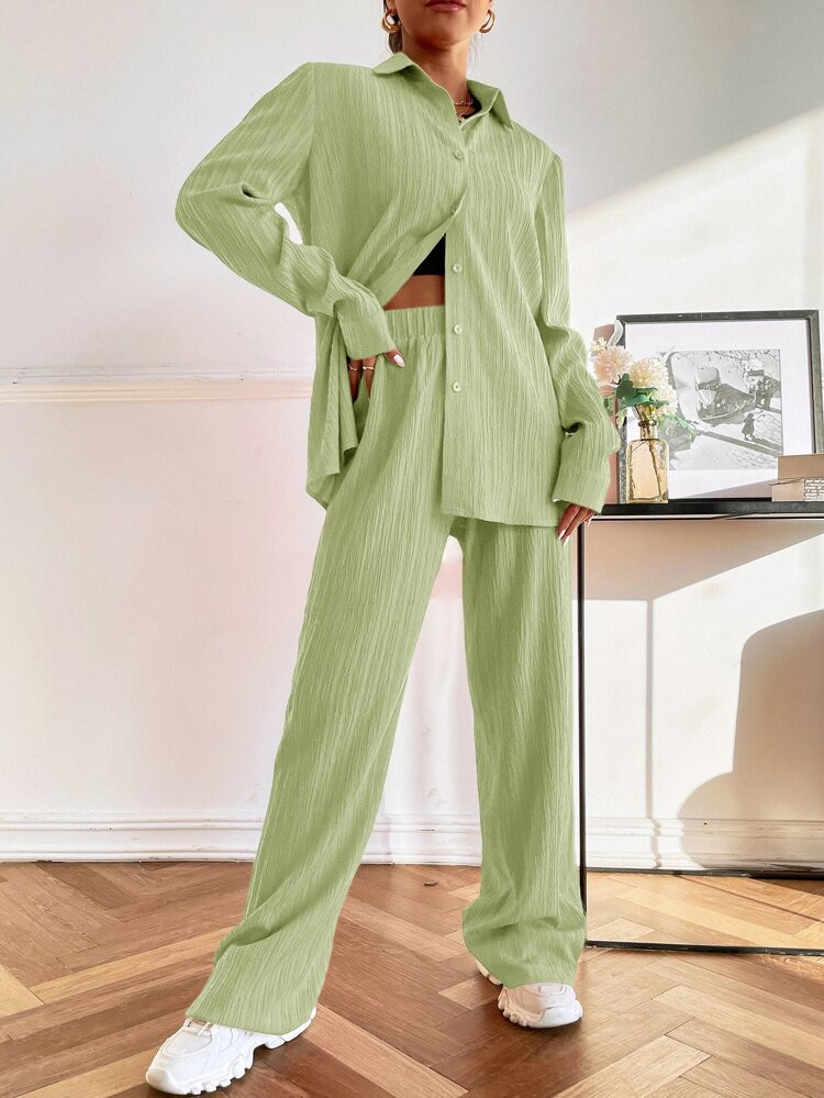 Solid Button Front Shirt & Wide Leg Pants | SHEIN