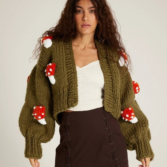 Society Mano Mushroom Green Cropped Chunky Cardigan Sweater Women S/ MSRP$249 | Poshmark