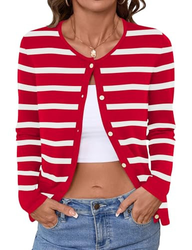 Rapbin Striped Cardigan Sweaters for Women Classic Crew Neck Sweater Trendy Striped Fitted Cardigan Red White XL | Amazon (US)