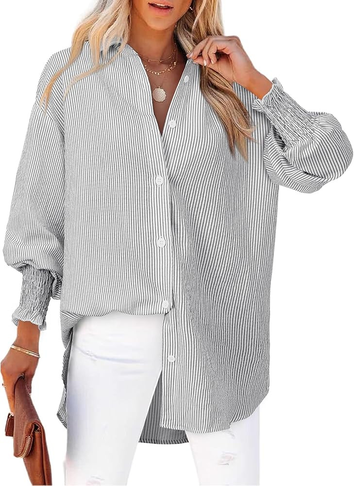 Women's Striped Button Down Shirts Puff Sleeve Oversized Blouses Boyfriends Loose Tunics Business... | Amazon (US)