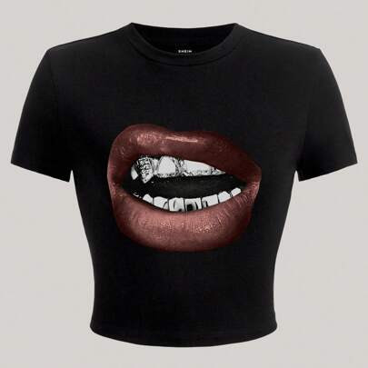 Casual Minimalist Lip Print Crew Neck Short Sleeve Crop Top T-Shirt For Women, Summer | SHEIN