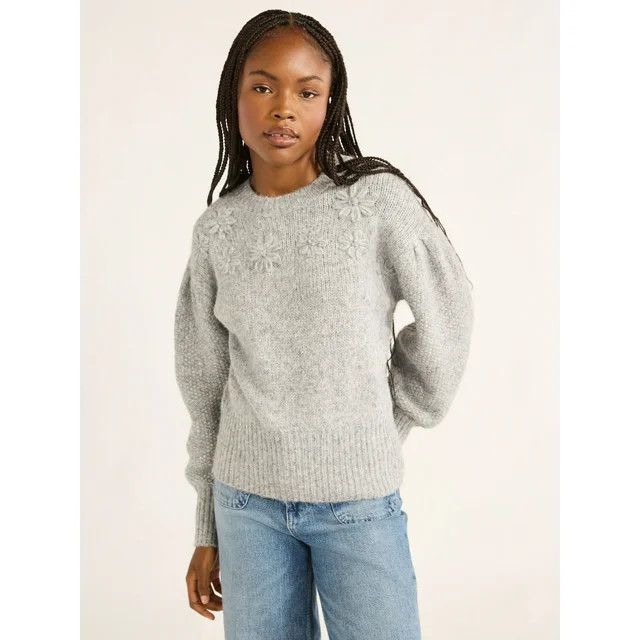 Free Assembly Women's & Women's Plus Embroidered Flower Sweater with Long Sleeves, Midweight, Siz... | Walmart (US)