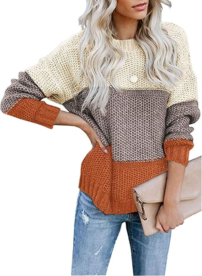 Lovezesent Womens Color Block Long Sleeve Ribbed Knit Oversized Pullover Sweaters | Amazon (US)