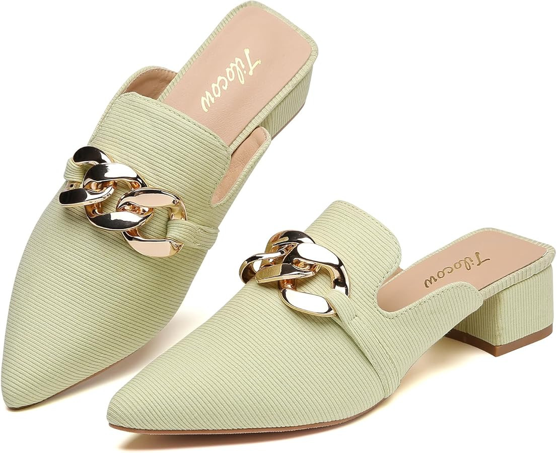 Tilocow Metal Chain Decor Mules Heels for Women Chunky Heeled Sandals Slip on Closed Toe Slides f... | Amazon (US)