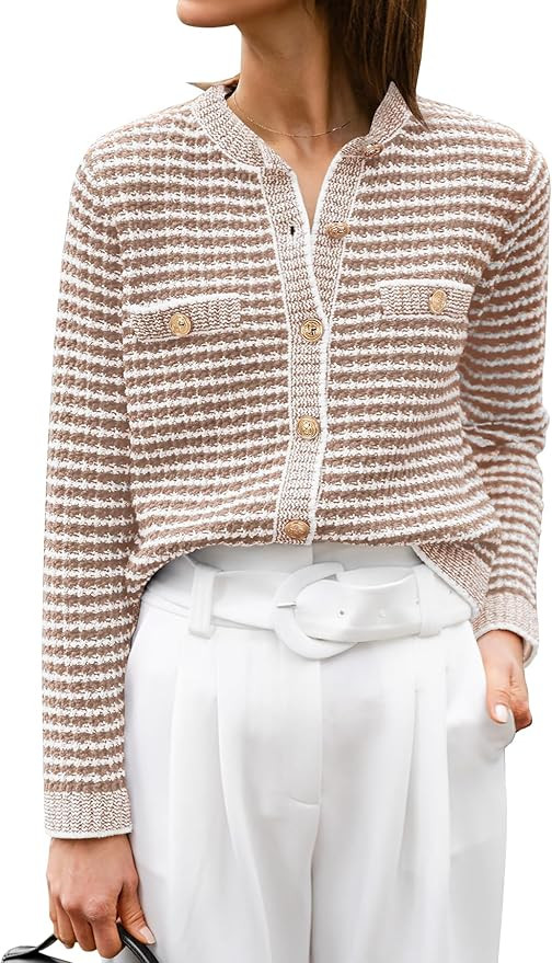 ANRABESS Women's Striped Cardigan Sweaters Casual Long Sleeve Open Front Button Down Knit Cropped... | Amazon (US)