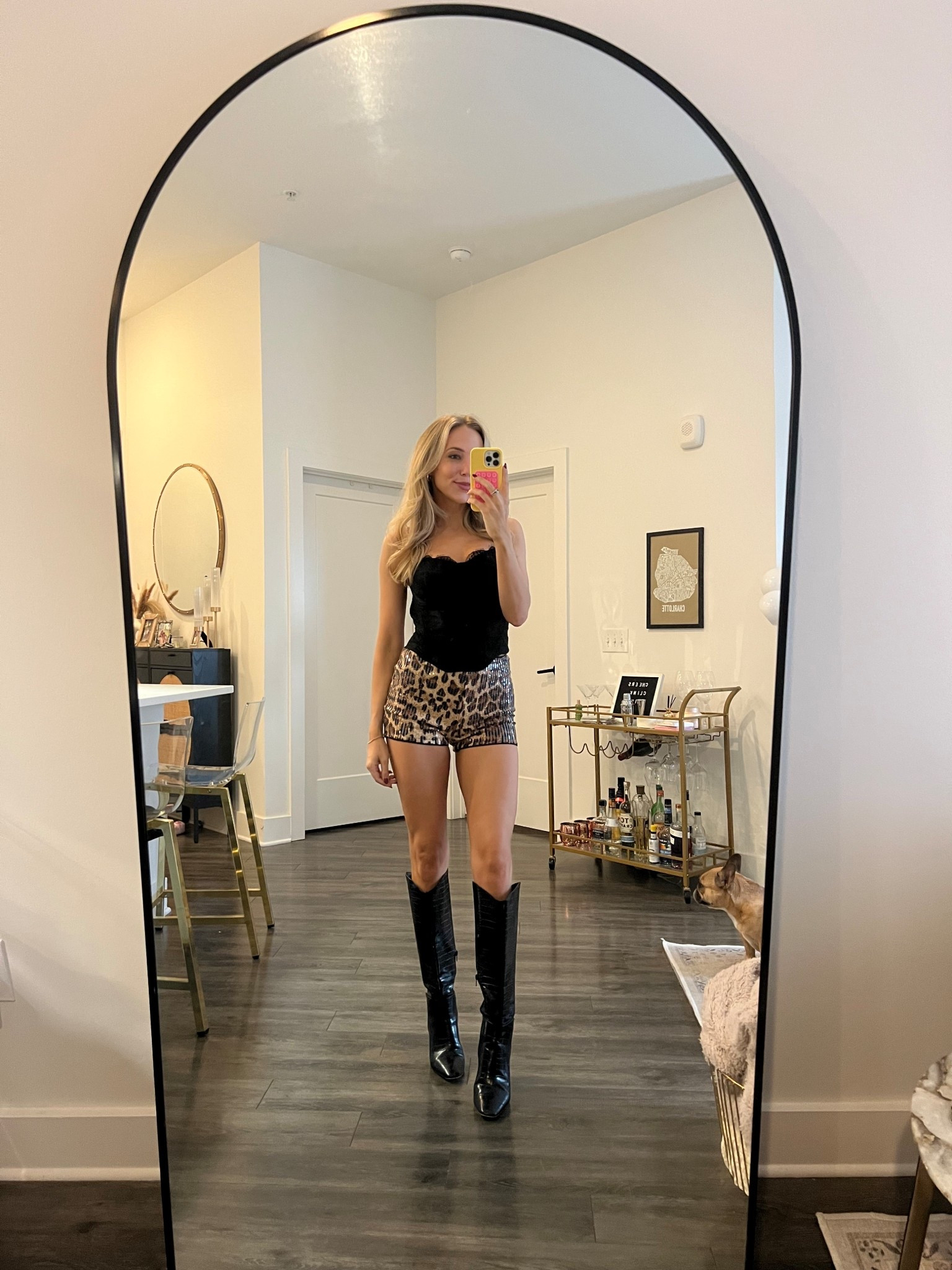 Tate McRae concert outfit, black corset top, leopard print sequin mini shorts, black boots, black oversized jacket 

#LTKStyleTip #LTKFindsUnder50 #LTKFindsUnder100