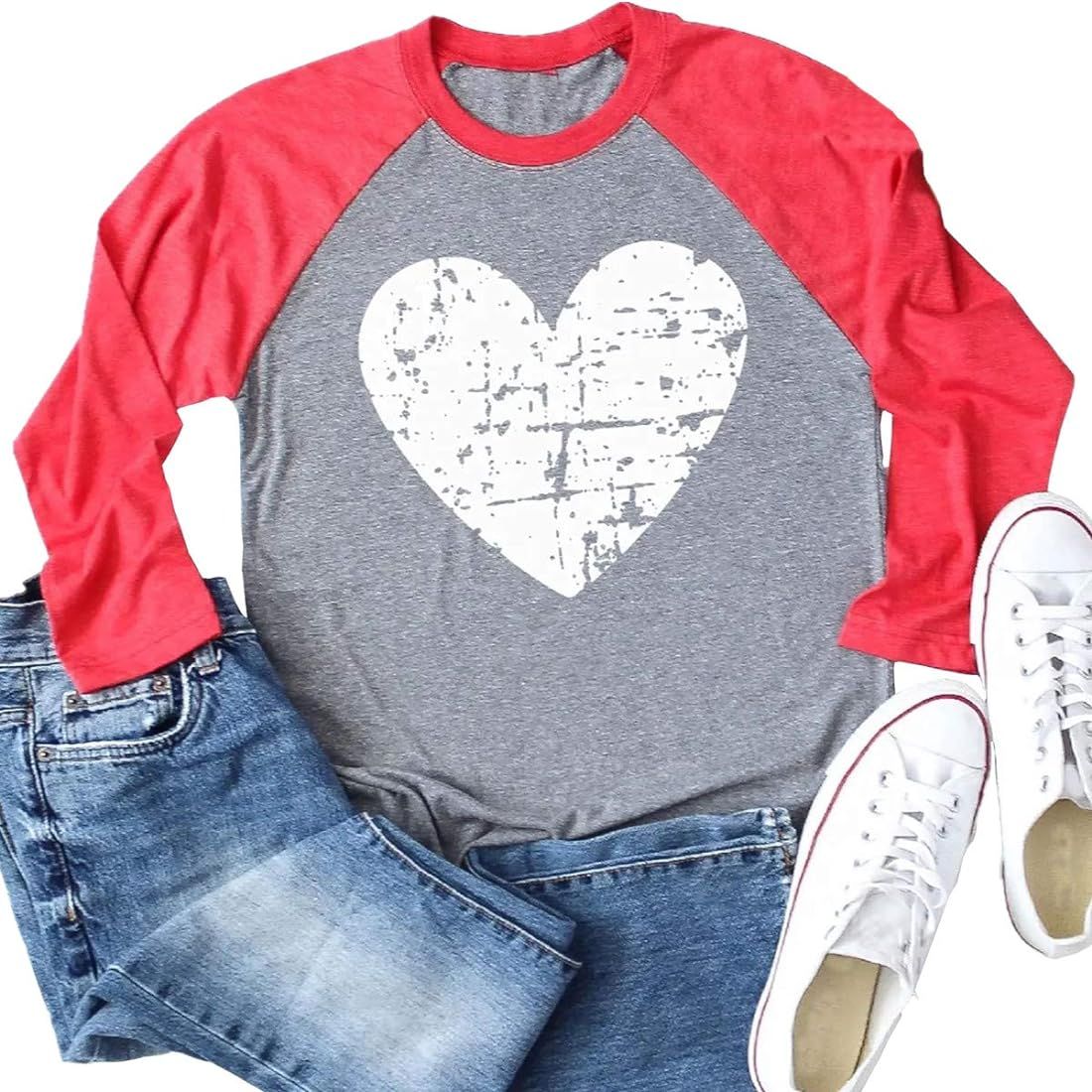 Beopjesk Womens Love Heart Raglans T-Shirts Casual Long Sleeve Valentine's Day Graphic Tees Tops | Amazon (US)