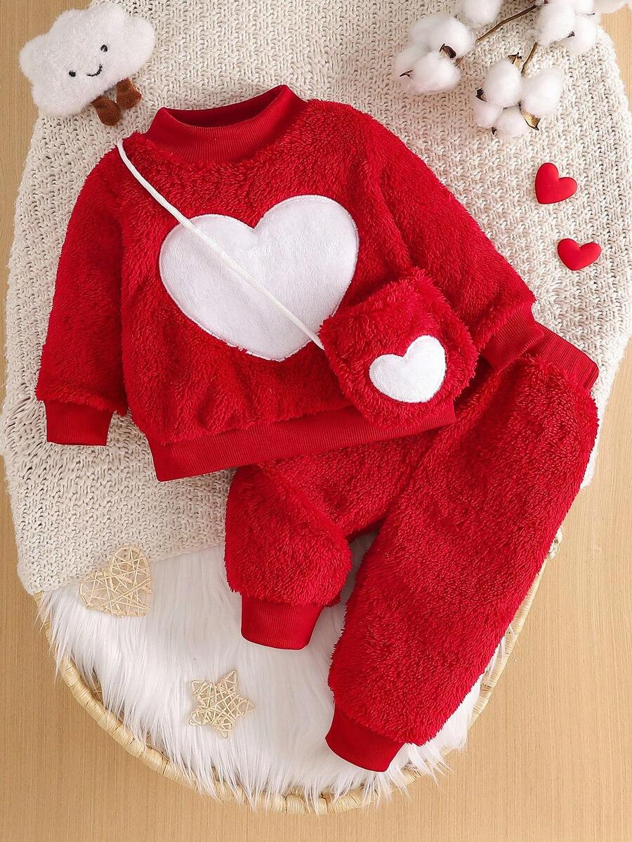 SHEIN 2pcs/Set Baby Girls Crew Neck Fleece Sweatshirt Long Sleeve Top & Elastic Waist Pants Set, ... | SHEIN