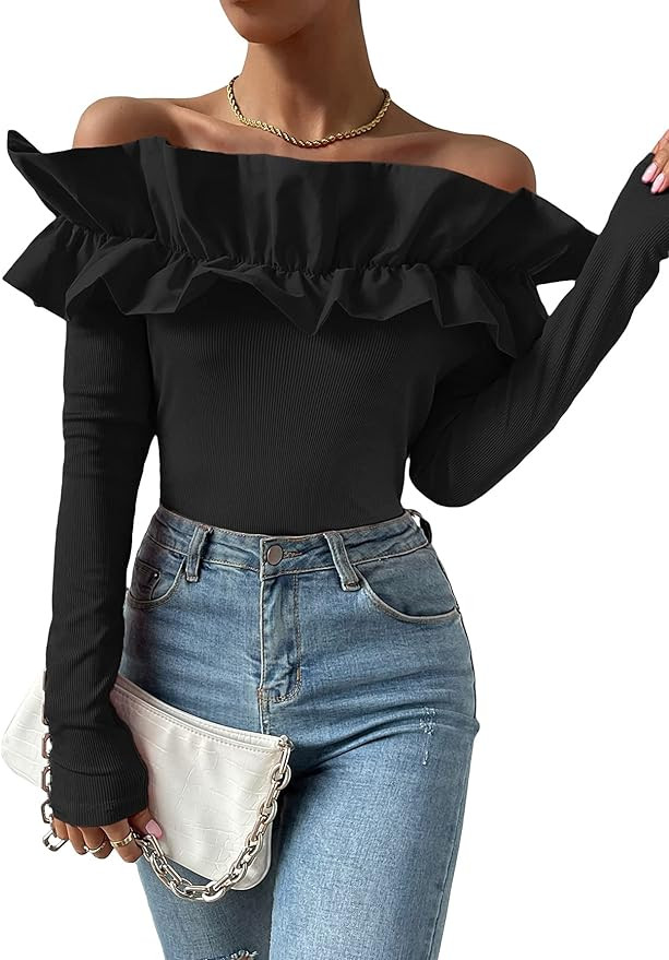 OYOANGLE Women's Long Sleeve Rib Knit Ruffle Off Shoulder Blouse Party Tops Shirt | Amazon (US)