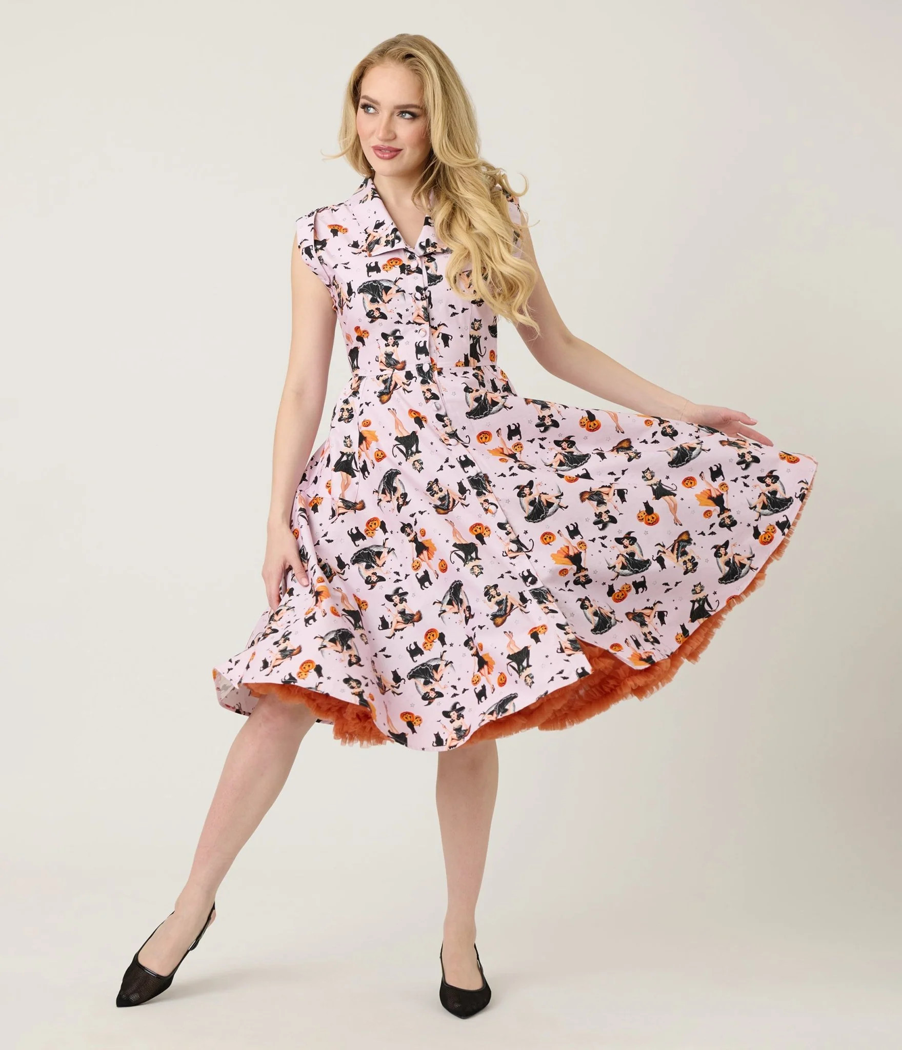 Unique Vintage Purple Pin-Up Witch Cotton Shirt Dress | UniqueVintage