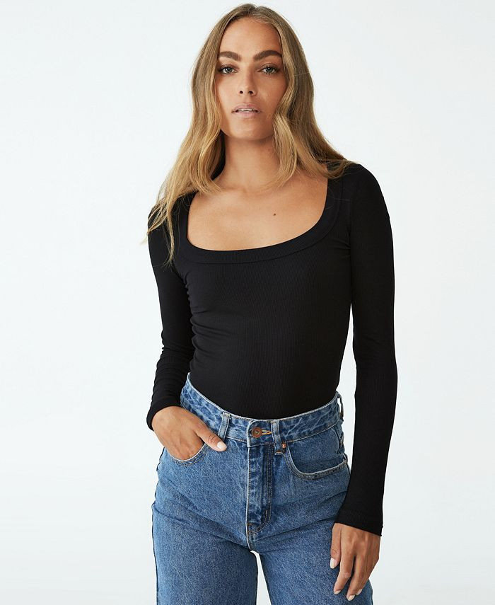 COTTON ON Women's Staple Rib Scoop Neck Long Sleeve Top & Reviews - Tops - Juniors - Macy's | Macys (US)